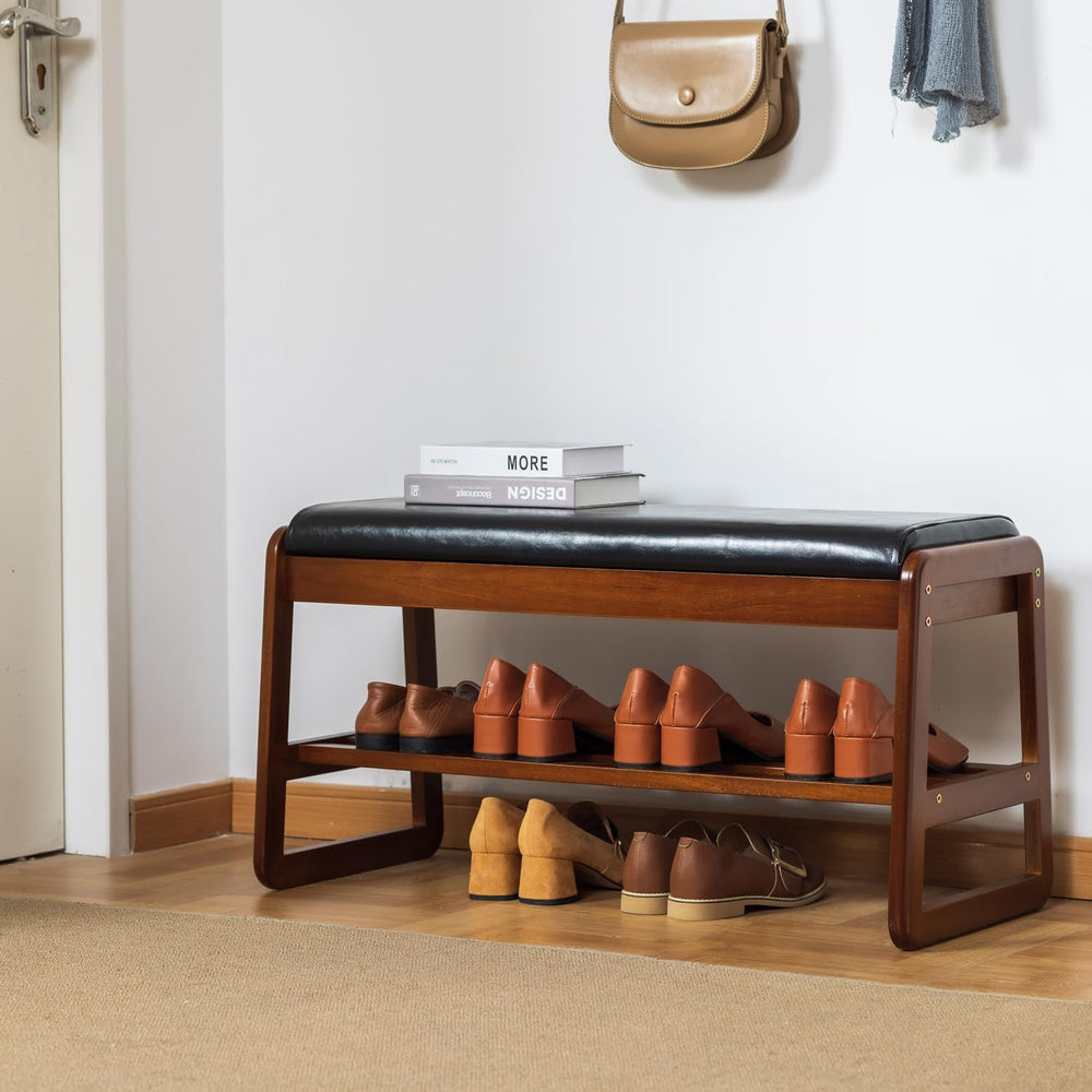 SOBIBO Solid Wood Shoe Rack Bench with Flip-Top Storage, Black, 31.5"