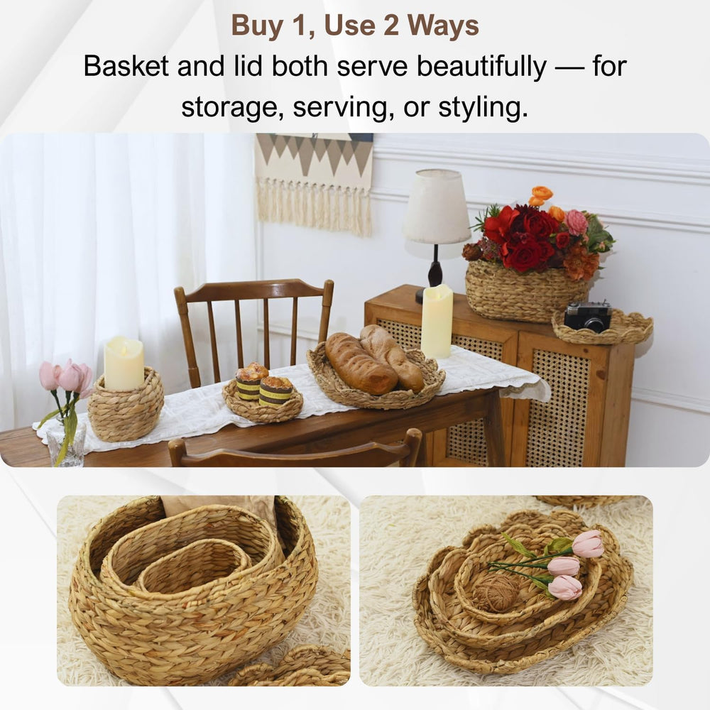 Scalloped Basket Set of 3 with Lids, Bread Basket, Natural