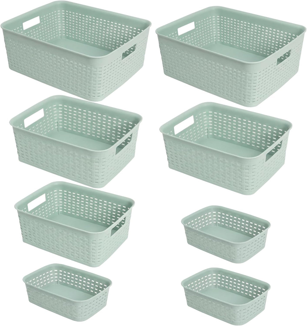 8 Pcs Plastic Storage Basket for Closet, Kitchen, Bathroom (Green,2L+2M+1S+3XS)