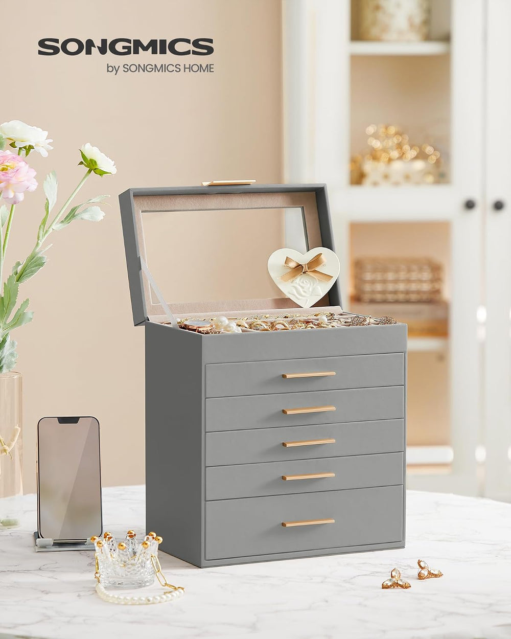 SONGMICS Jewelry Box Organizer, 6-Layer Storage with 5 Drawers, Glass Lid