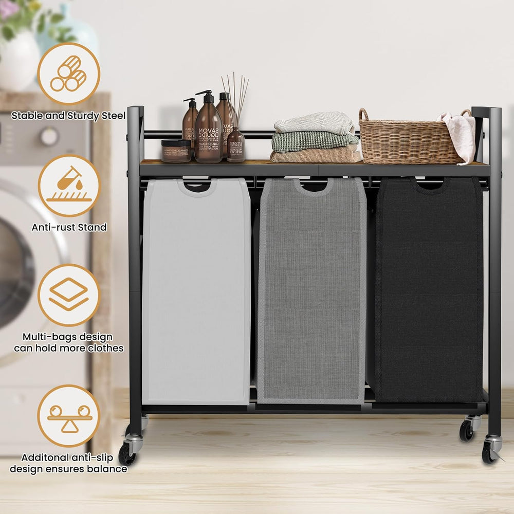 SwaaVee Laundry Sorter, Laundry Hamper 3 Section, 3×11.4Gal, Metal Frame Roll...