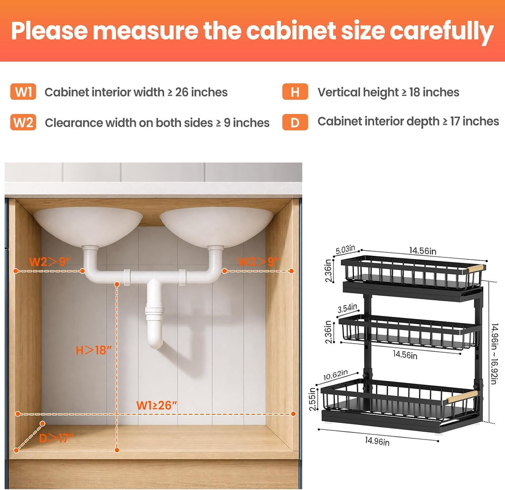 Under Sink Organizer and Storage for Bathroom and Kitchen - 2 Pack 3 Tier