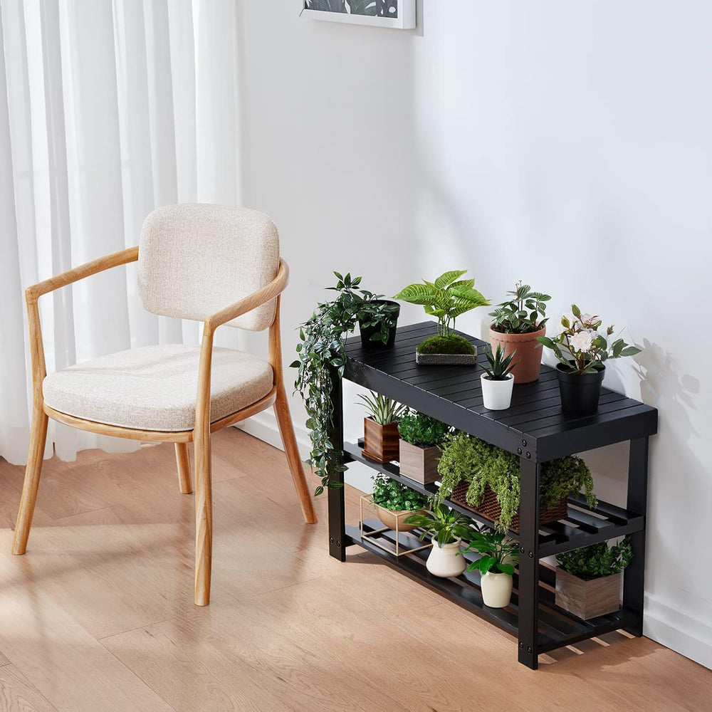 Pipishell 3 Tier Bamboo Shoe Rack Bench for Entryway, Black
