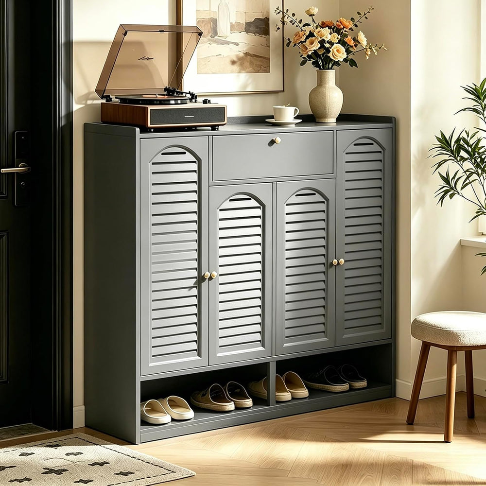 7-Tier Bamboo Shoe Cabinet, Shoe Storage Organizer with Louvered Doors and Dr...
