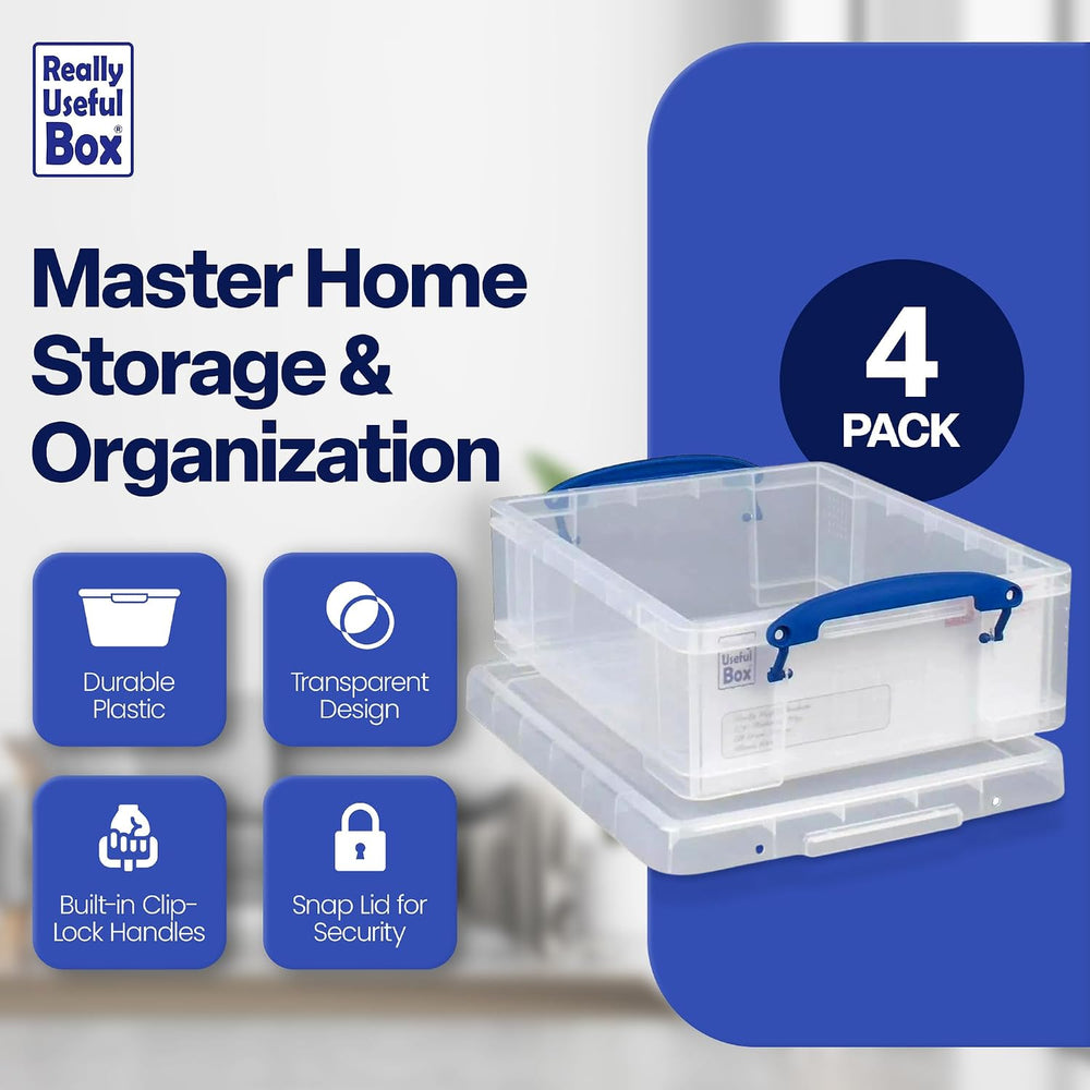Really Useful Box 4 Pack Storage Bins, Clear Plastic Stackable Organizing Tot...