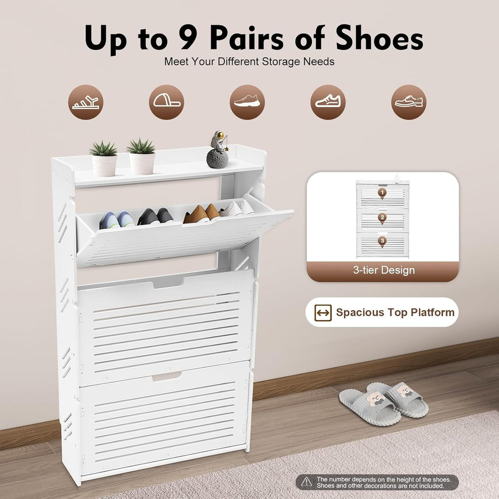 Shoe Storage Cabinet w/3 Flip Drawers, Slim Shoe Rack for Entryway