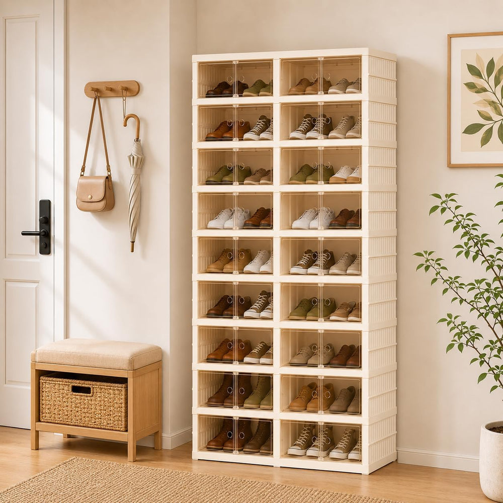 Collapsible Shoe Rack Organizer, Clear Doors Plastic Shoe Storage Cabinet