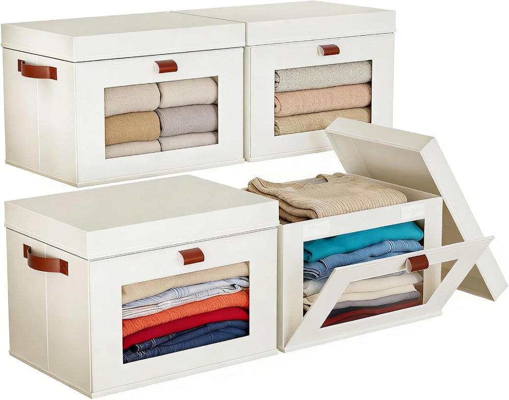 4-Pack Collapsible Stackable Storage Bins with Lids, Beige