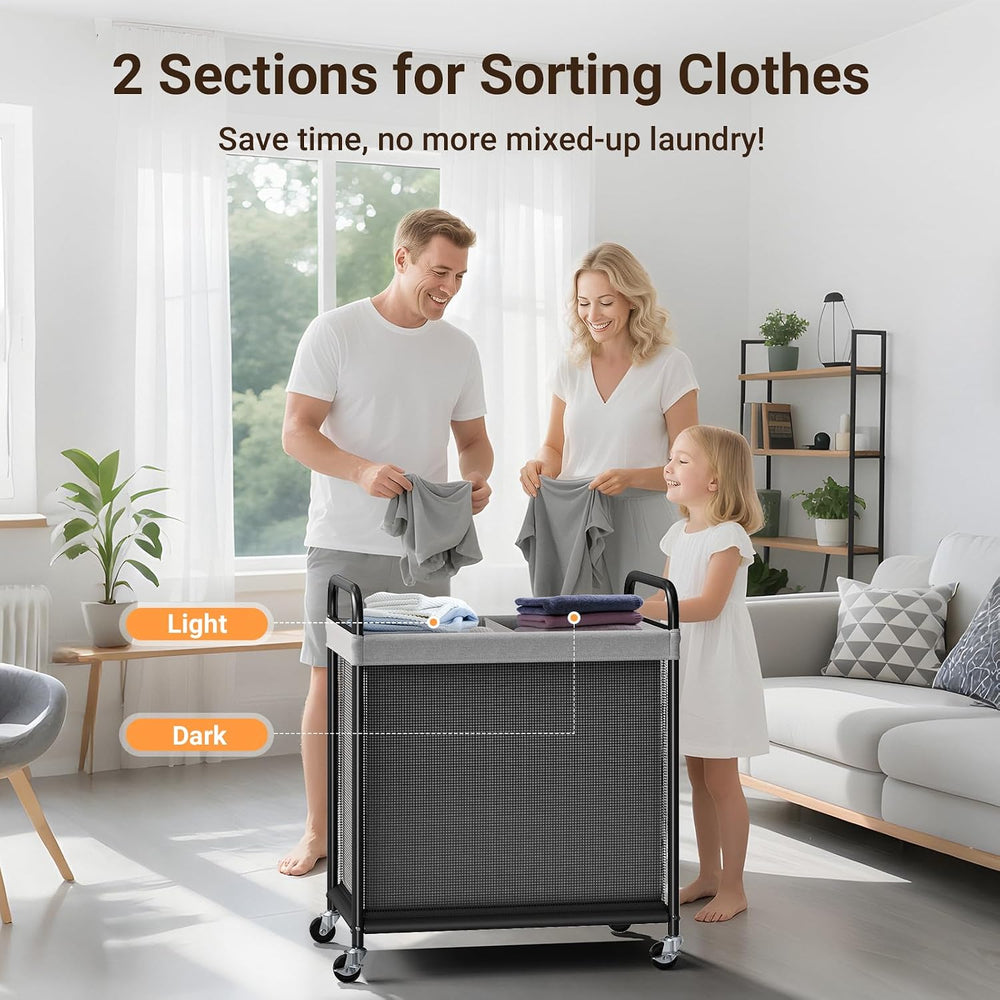 ELYKEN Laundry Hamper 2 Section, 100L Rolling Laundry Sorter with Wheels