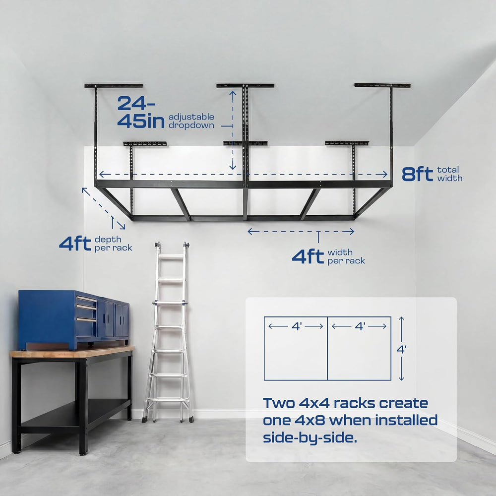 MonsterRax 4x8 Overhead Storage Rack Frame Kit, Hammertone, 24”-45” Height