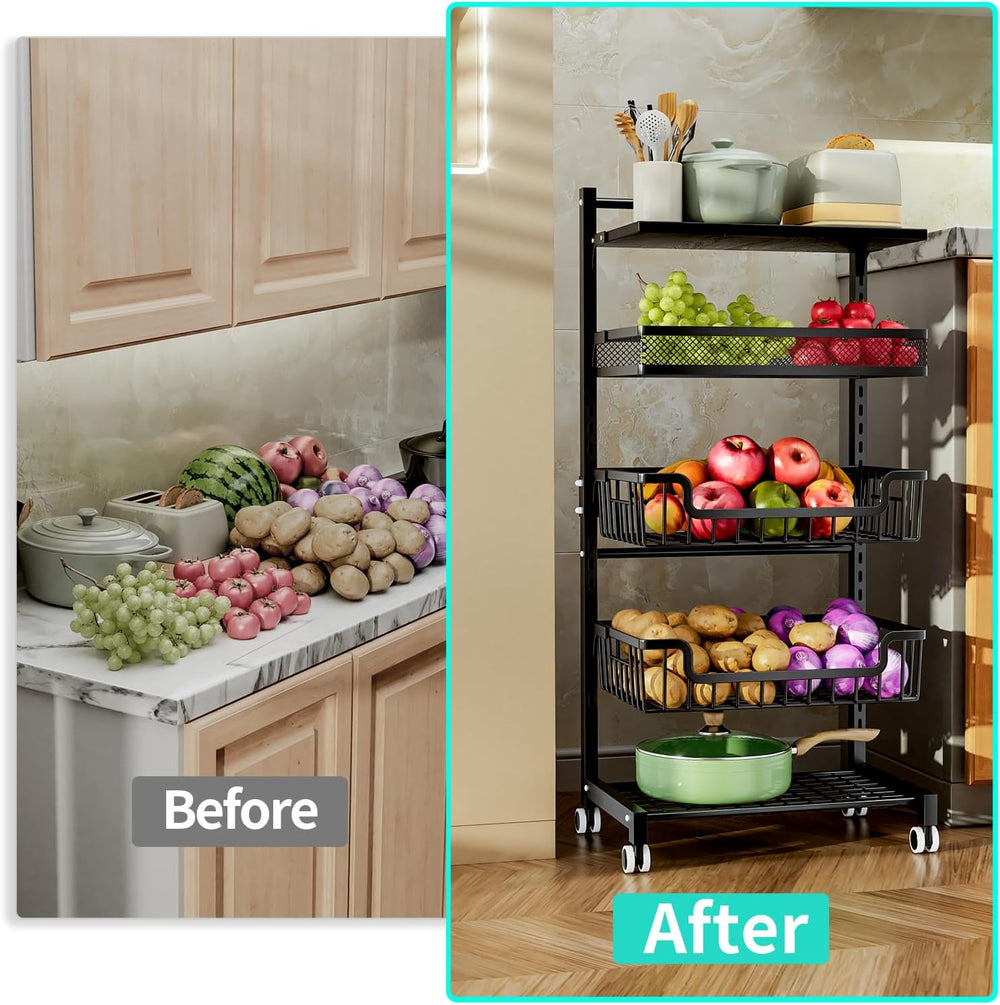HapiRm Fruit Basket Kitchen Cart - 5 Tier Adjustable Vegetable Storage Rack, ...