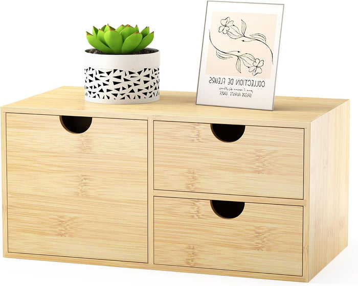 Bamboo Desk Organizer with Drawers, Desktop Storage Box for Office Supplies