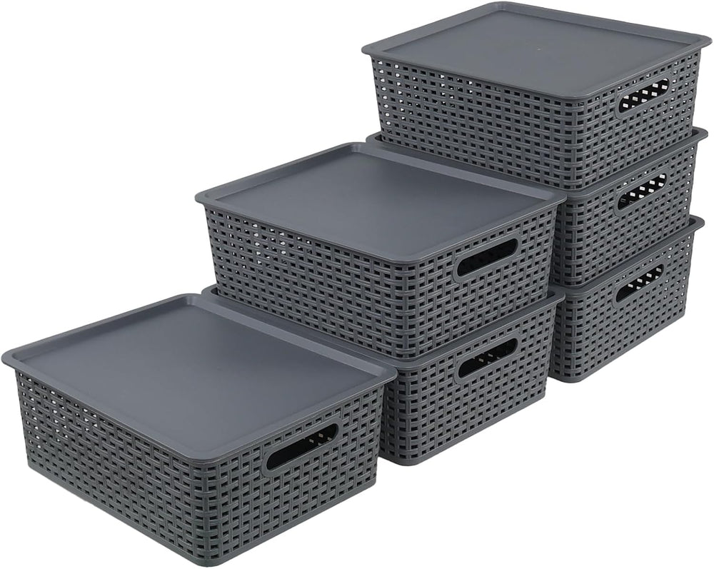 Xyskin 6-Pack Weave Storage Baskets with Lids, Stackable Storage Bins