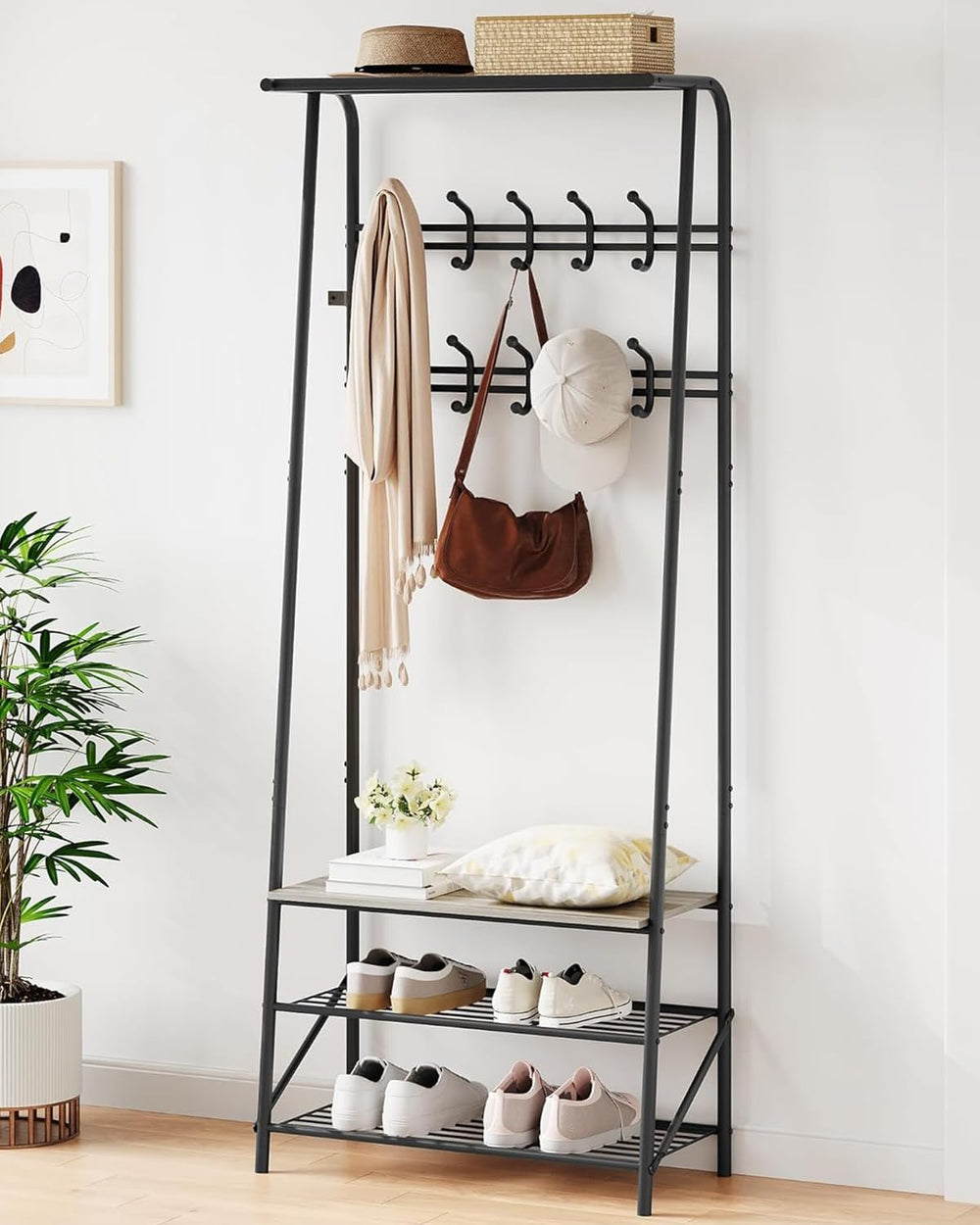 GarveeHome Coat Rack, Hall Tree with Bench and Shoe Storage, Entryway Bench w...