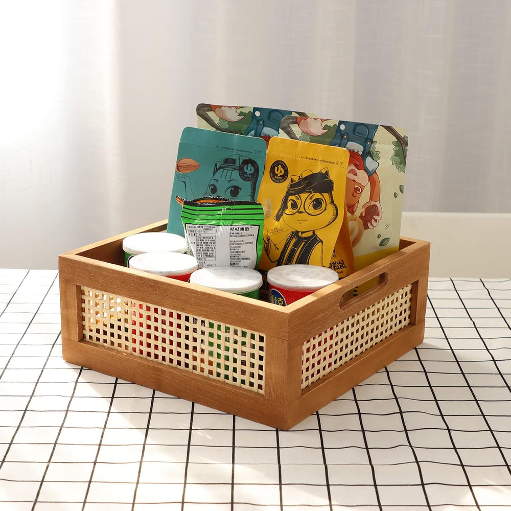 Woven Wooden Basket Wood Storage Crate Box, Bamboo Basket with Built-In Handl...