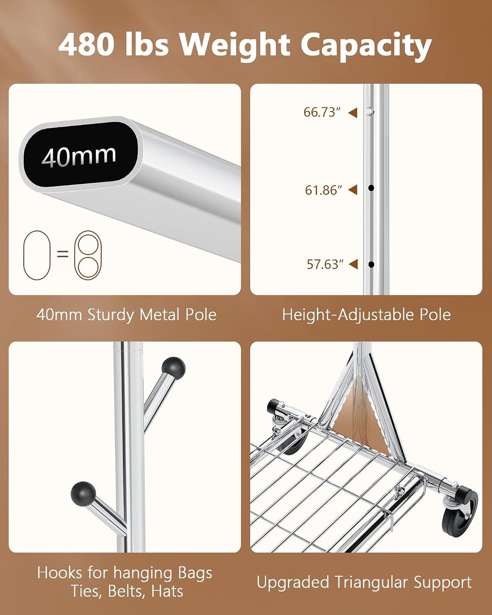 Hoctieon 1-Minute Assembly Clothes Rack, 480 lbs Heavy Duty Rolling Clothing ...