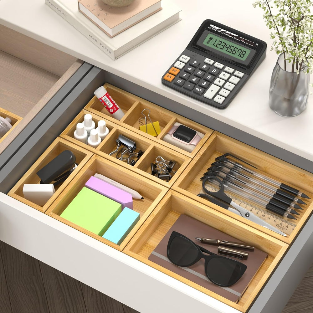 Bamboo Drawer Organizer, Set of 9 Wood Kitchen Junk Tea Desk Office Tray, Woo...