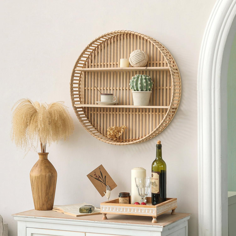 Rattan Wall Shelf 3 Tier Boho Wall Mounted Shelf Farmhouse Handcraft Round Fl...