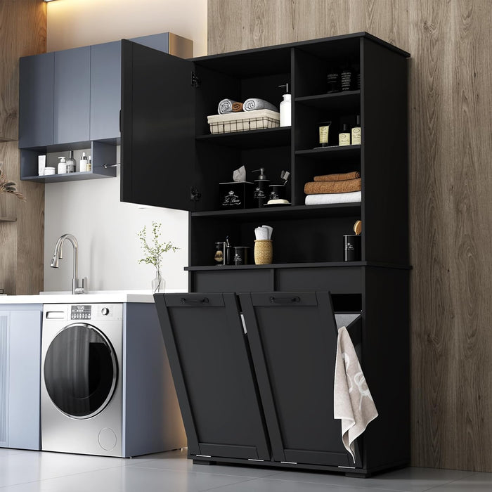 Tall Laundry Cabinet with Double Tilt Out Laundry Hamper, Freestanding Floor Bathroom Cabinet with 12 * 2 Gallon Laundry Storage Basket for Bathroom, Kitchen, Black