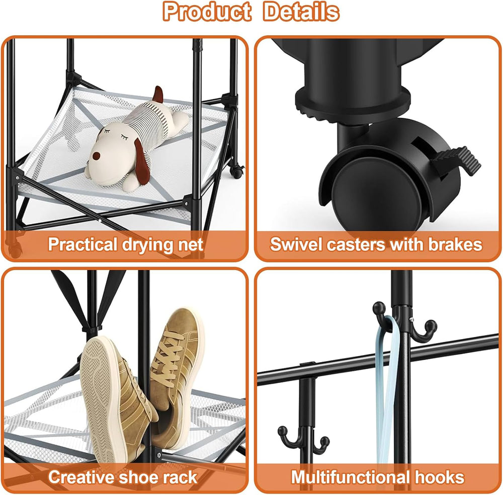 Foldable Collapsible Rolling Clothes Drying Rack,Adjustable Double Rods Laund...