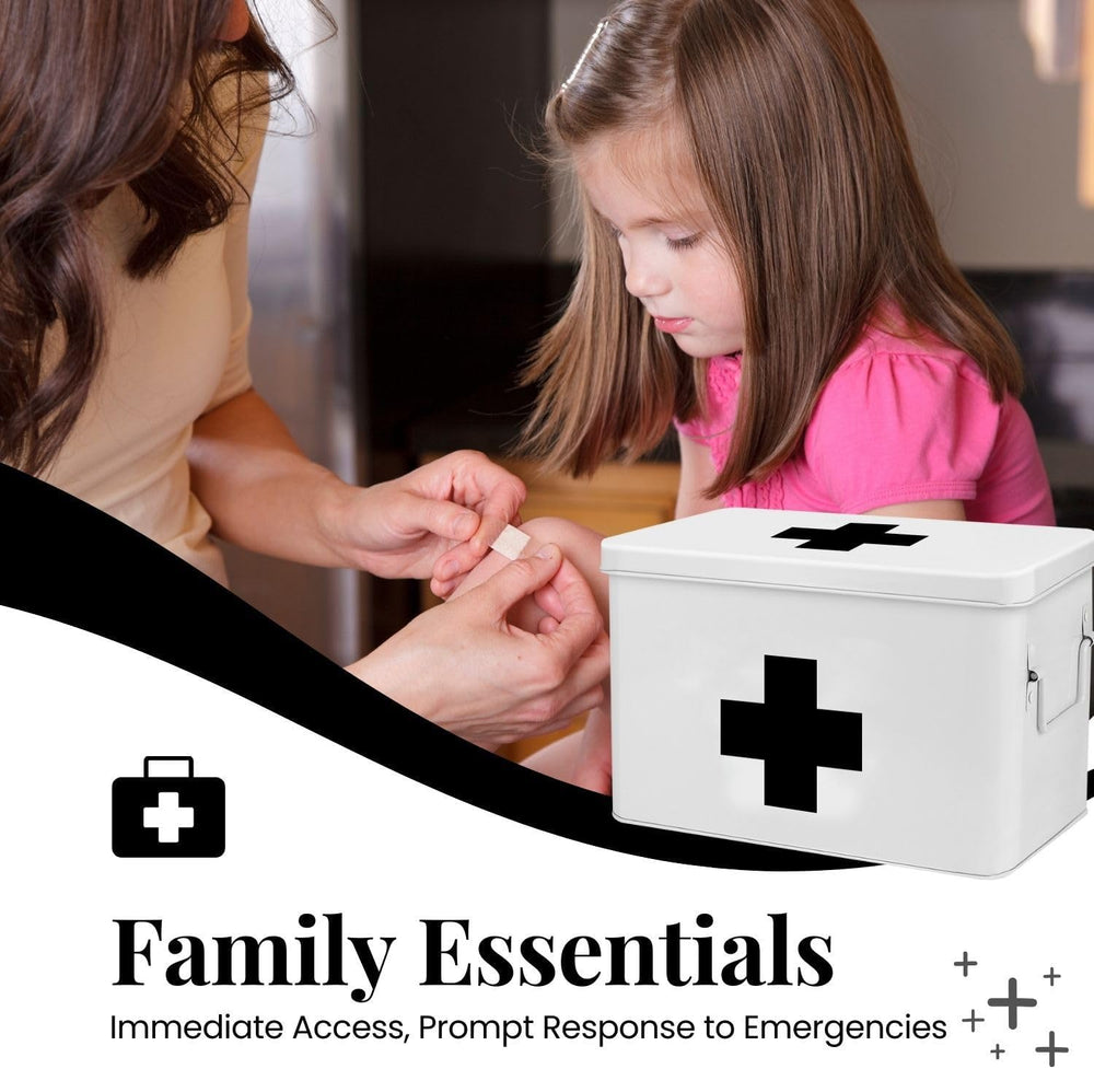 Flexzion Large Metal First Aid Box Empty, 13-Inch, White with Black Cross