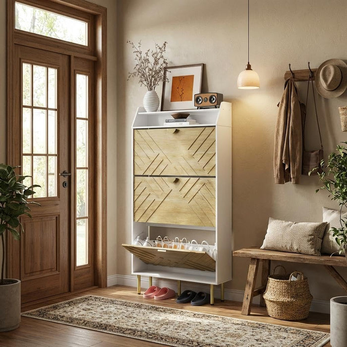 IDEALHOUSE Shoe Cabinet with 3 Flip Drawers, Hidden Shoe Storage Cabinet with a Shelf, Freestanding Wood Shoe Cabinet for Hallway, Entryway, 57" H x 31" W x 9" D, White