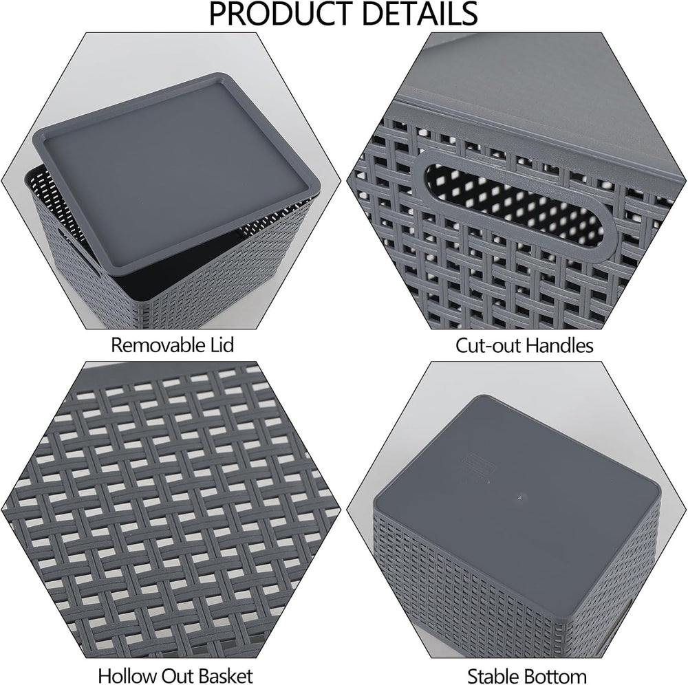 Ggbin 6-Pack Large Plastic Weave Storage Baskets Bins with Lids, Grey