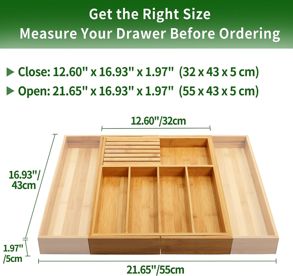 VaeFae Bamboo Silverware Drawer Organizer, 7 Slots, Natural