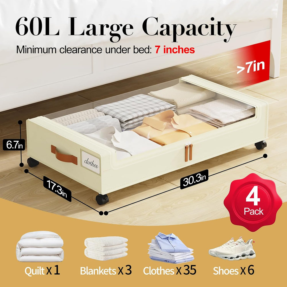 Yecaye 60L Under Bed Storage with Wheels, 4 Pack, Beige