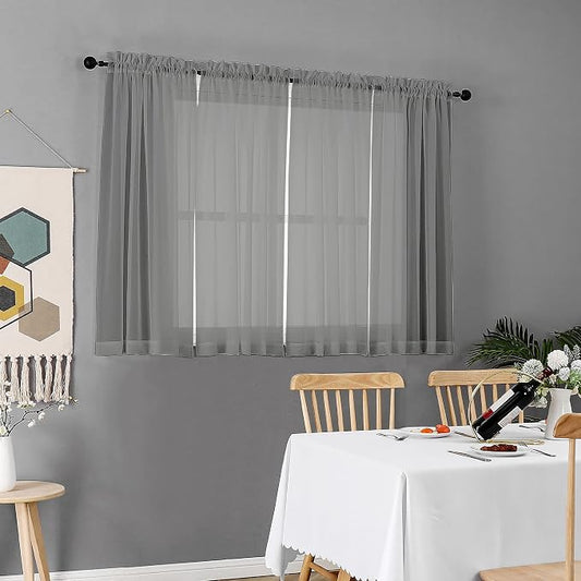 Chyhomenyc Charcoal Grey Sheer Curtains 45 Inch Long 2 Panels, Light Filtering - Image 2
