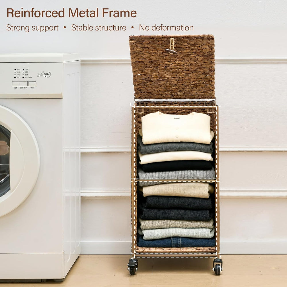 Hand-Woven Natural Water Hyacinth Laundry Basket with Wheels