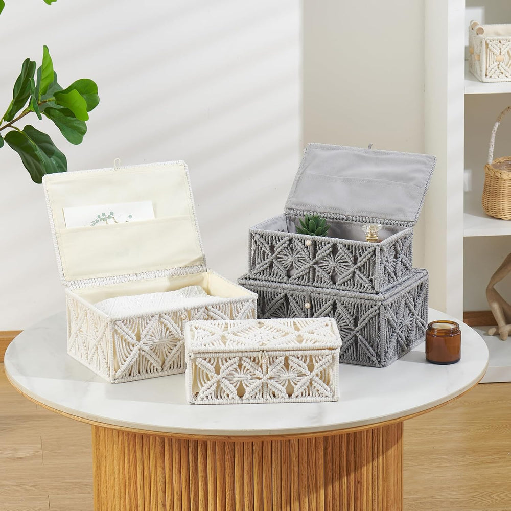 2PCS Decorative Boho Storage Basket with Lid Natural Macrame Box