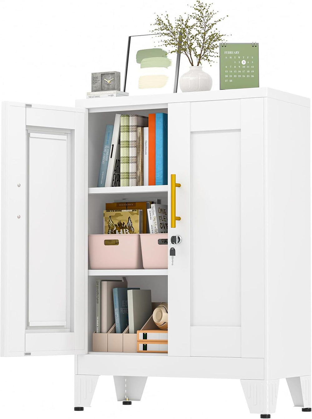 GAIOUS 36" White Floor Storage Cabinet, Locked Metal Storage Cabinets wi...