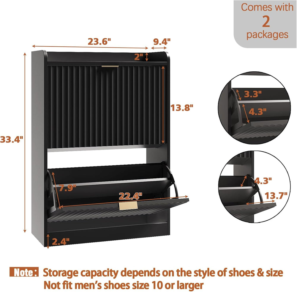 Black Fluted Shoe Cabinet, Narrow Entryway Storage Rack Organizer