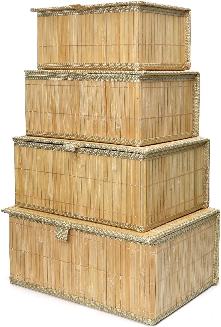 Bamboo Storage Basket with Lid, Stackable Set of 4
