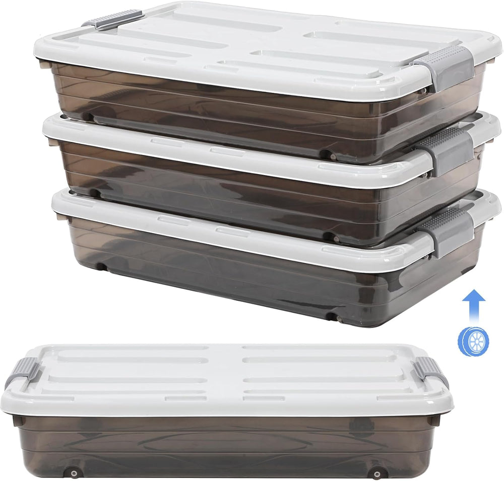 Beeveer 4 Plastic Under Bed Storage Containers, 23.7 x 15.8 x 5.2, Brown