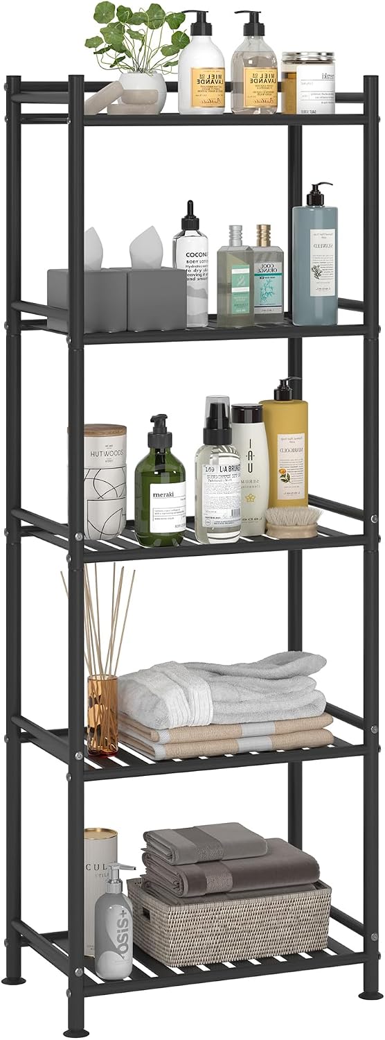 5 Tier Bathroom Storage Open Shelf Unit, Free-Standing Metal Corner Rack Shel...
