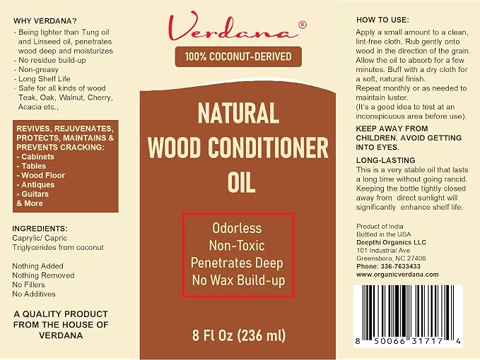 Verdana Natural Wood Conditioner Oil – 8 fl oz – Odorless, Non-Toxic Coconut - Image 7