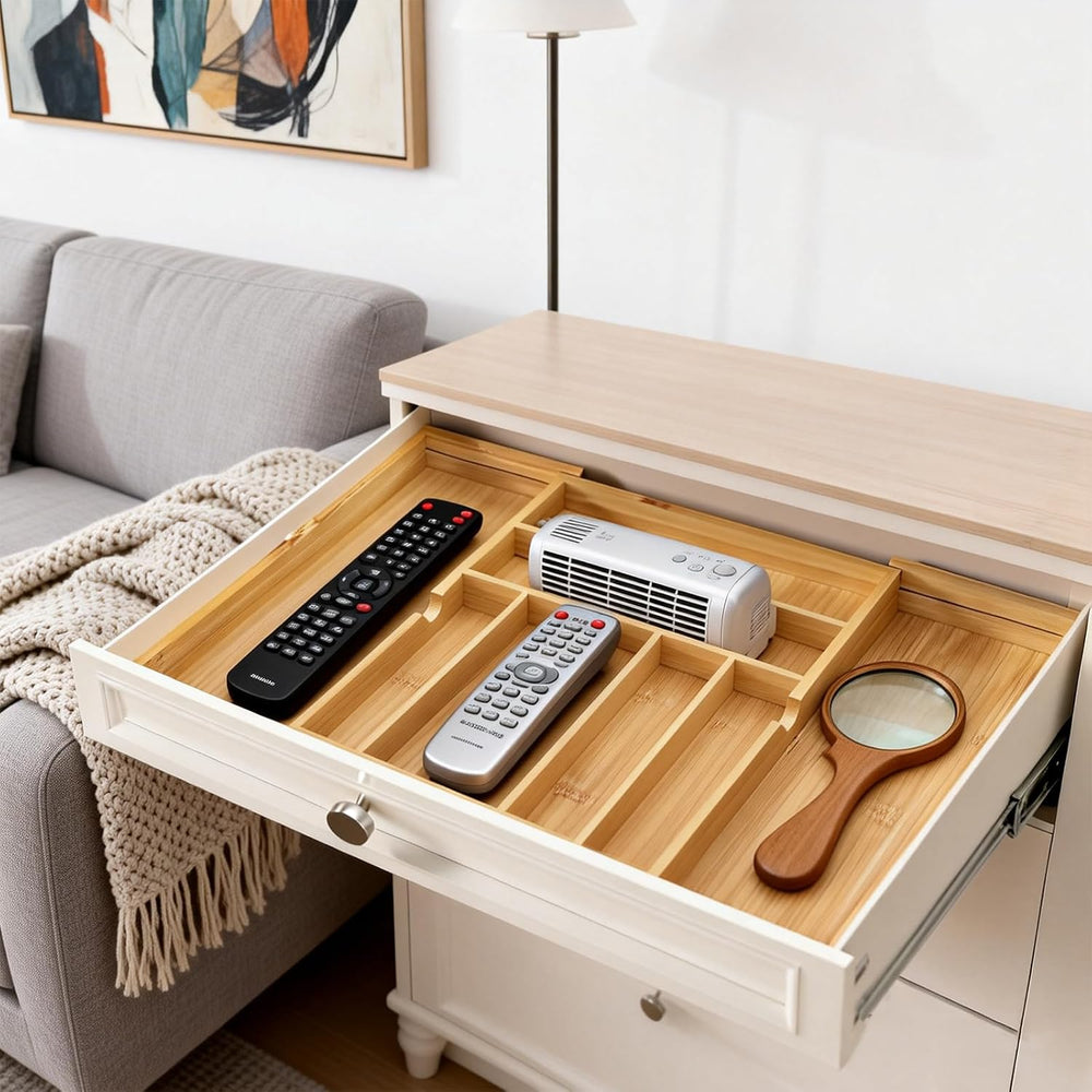 Bamboo Expandable Silverware Drawer Organizer, Adjustable Utensil Tray Cutler...
