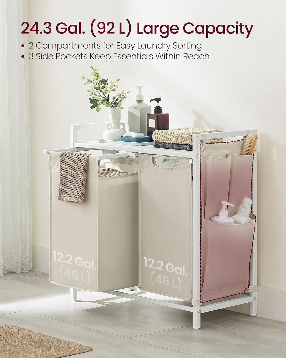 VASAGLE Laundry Hamper with Shelf, 2 Pull-Out Bags, 2 x 12.1 Gallons (46 L)