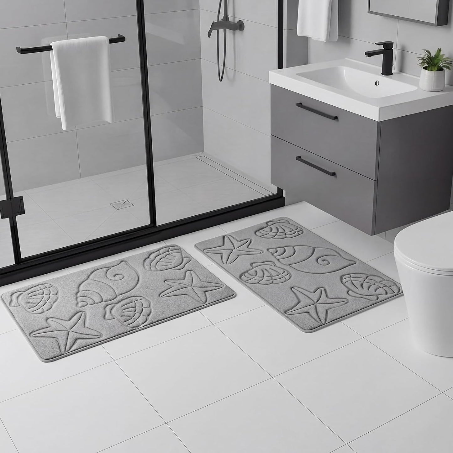 Tinideya Set of 2 Memory Foam Shell Starfish Bath Rugs Sets Ocean Beach Bathroom Mat Soft Absorbent Non Slip Floor Carpet for Coastal Bedroom Living Room Kitchen Entryway Indoor Decorations