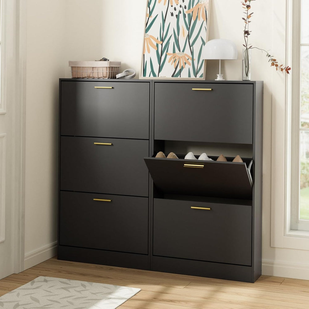 LYNSOM Modern Entryway Shoe Cabinet with 3 Flip Drawers and Top Display, Blac...