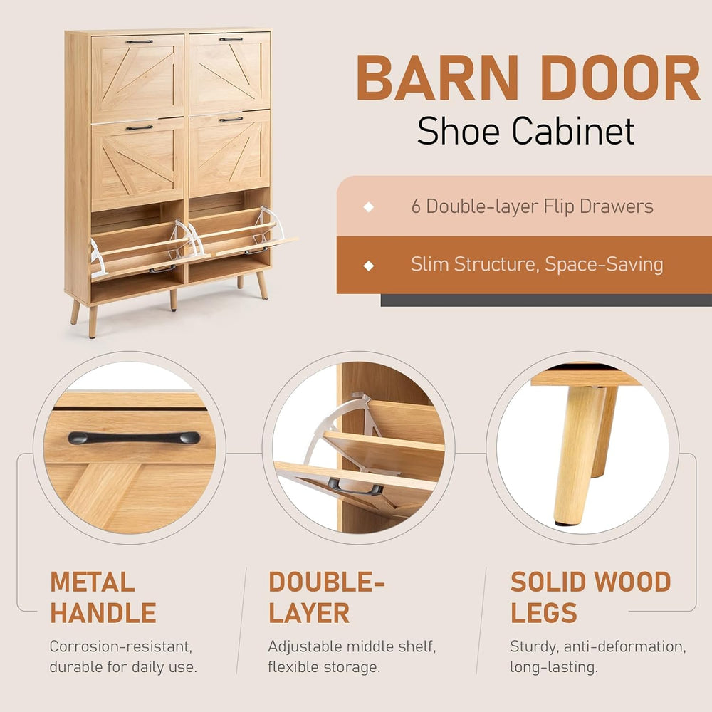 VINGLI 6 Flip Drawer Shoe Cabinet for Entryway, Rustic Shoe Storage Cabinet w...