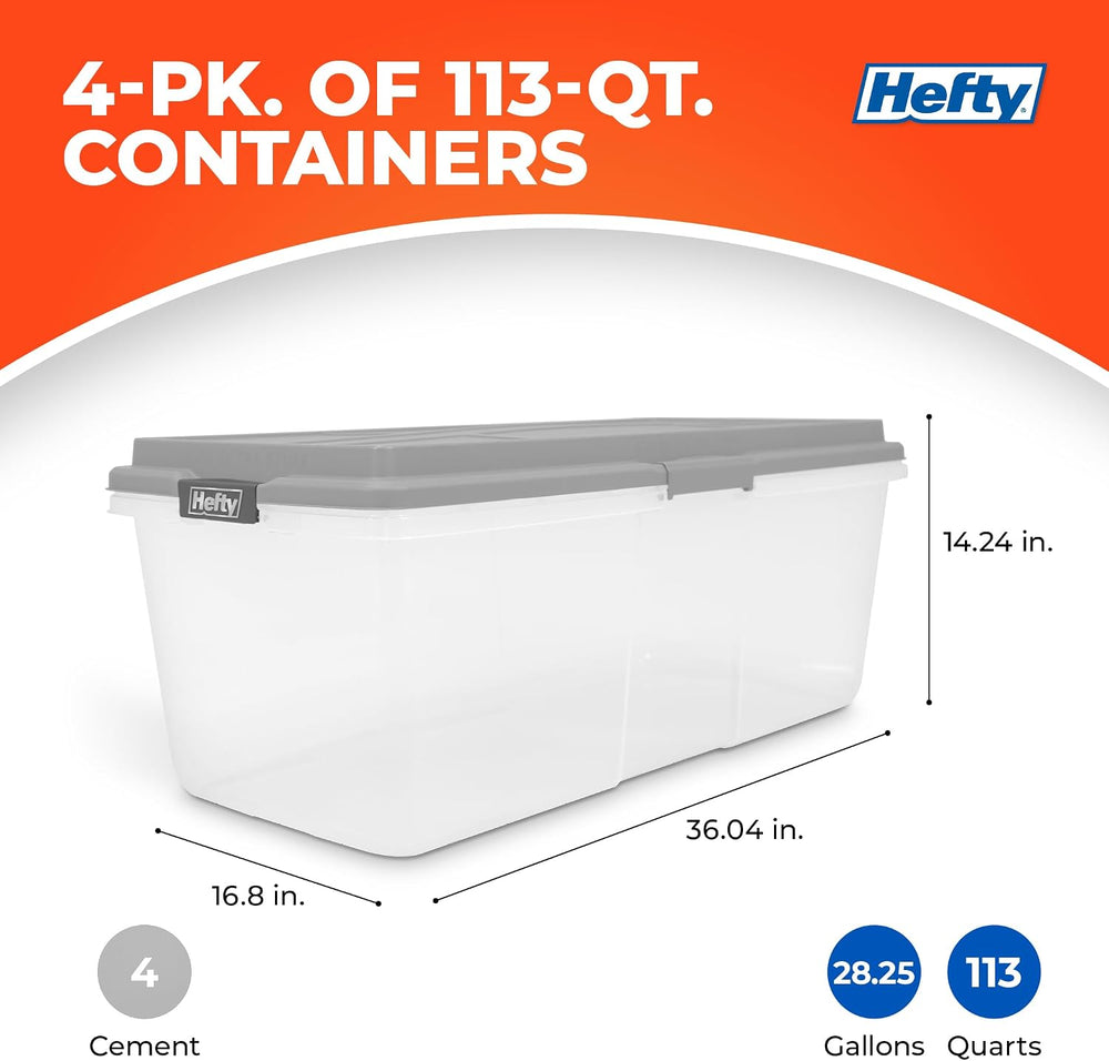 Hefty 113 Qt Hi-Rise Storage Bin with Lid, Stackable Plastic Storage Containe...