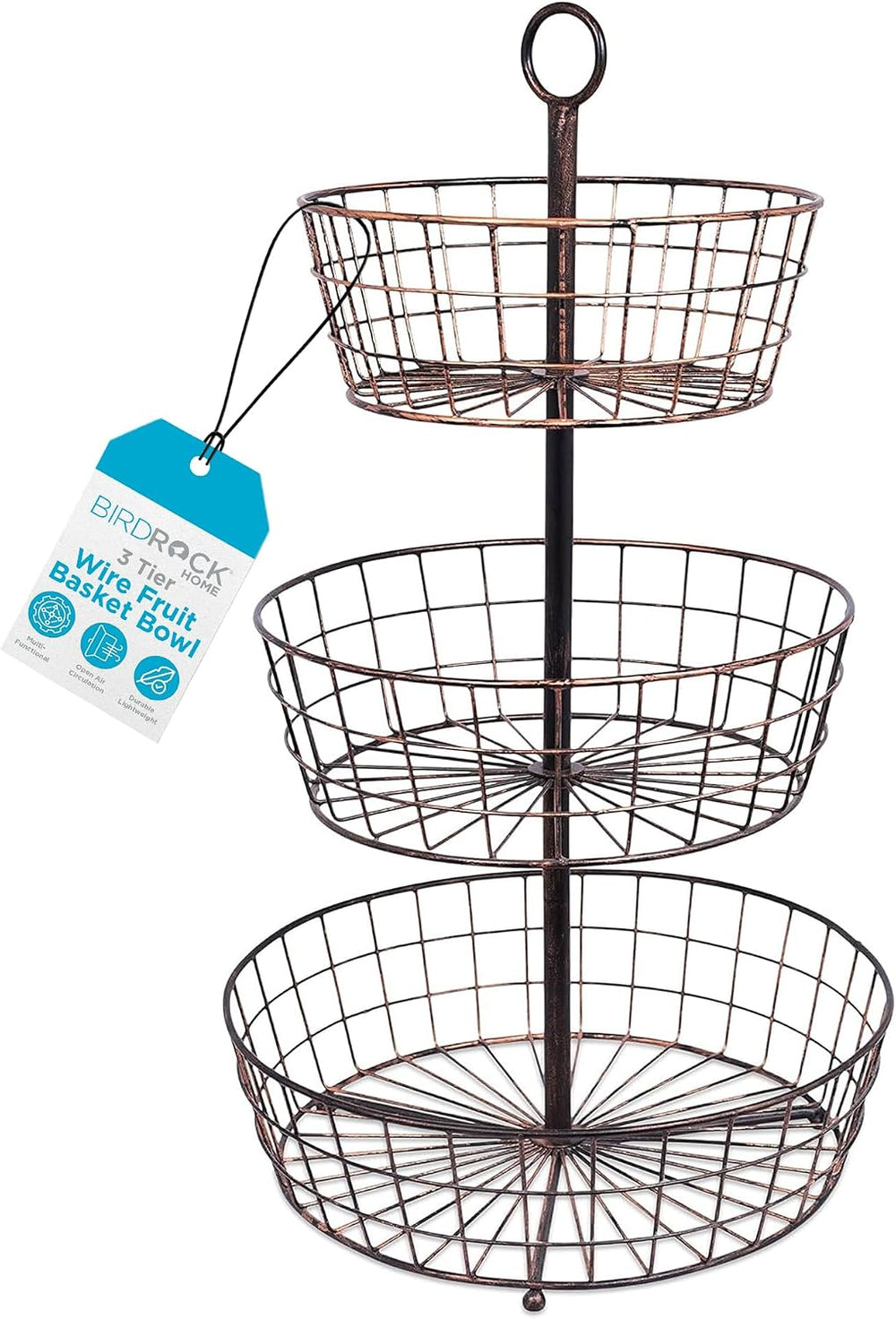 BIRDROCK HOME 3 Tier Wire Fruit Basket | Round Metal Standing Baskets | Fruit...