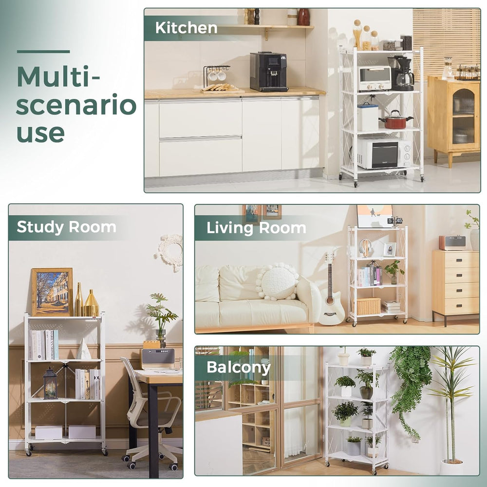 DEANIC 4 Tier Foldable Storage Shelves with Wheels, Large Capacity Shelving U...