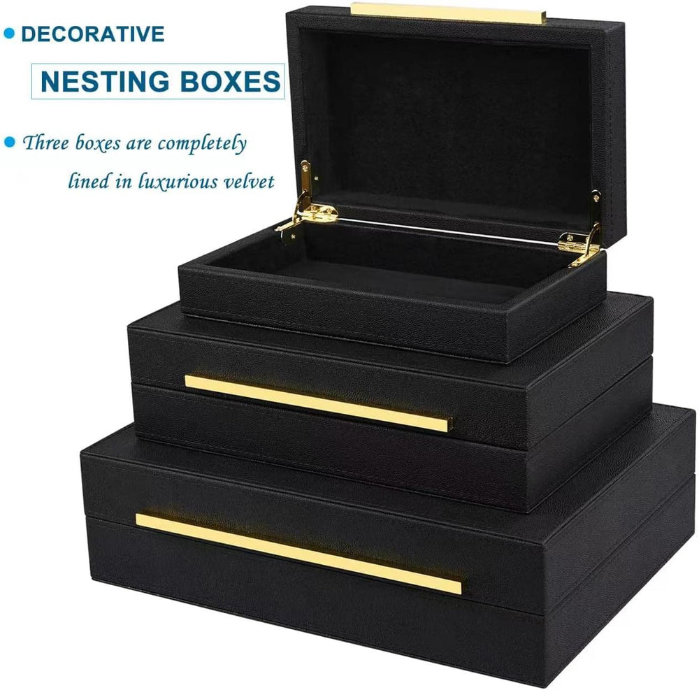 Black Shagreen Box Faux Leather Set Of 3 Pcs Storage Decorative Boxes,Modern ...