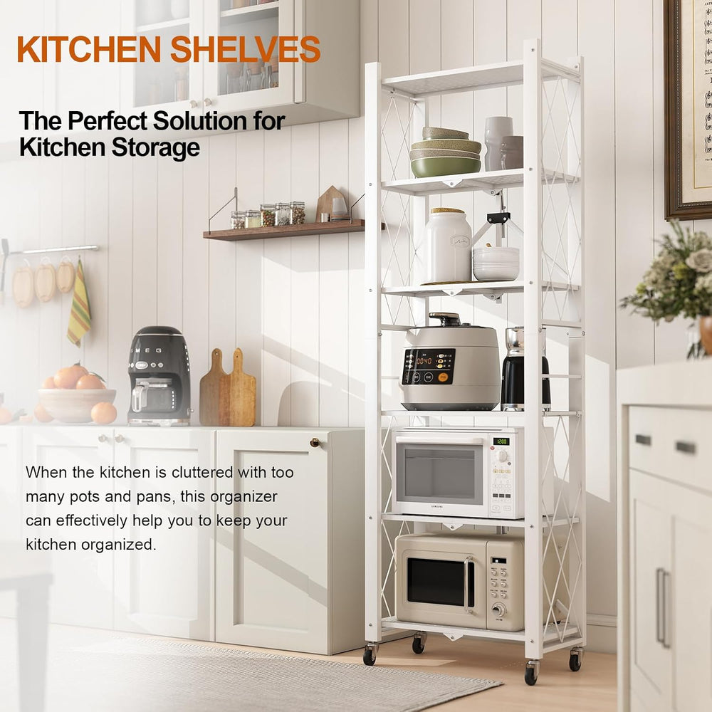 6-Tier Foldable Storage Shelves with Wheels, Folding Metal Shelf Unit