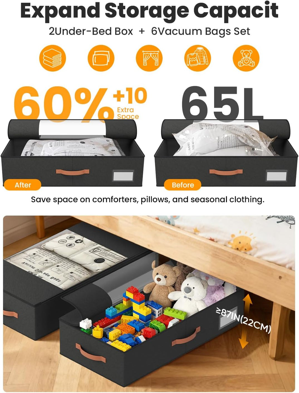 TOSKING 2-Pack Under Bed Storage Drawers with Wheels, 6 Vacuum Bags, 7.9"...