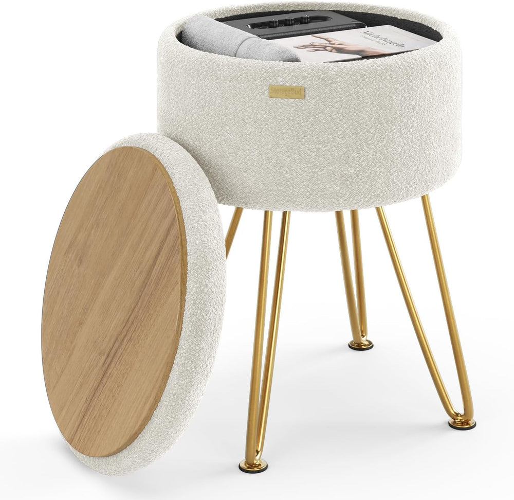 Round Ottoman with Storage, Boucle Storage Ottoman, Foot Stool Ottomans, Make...